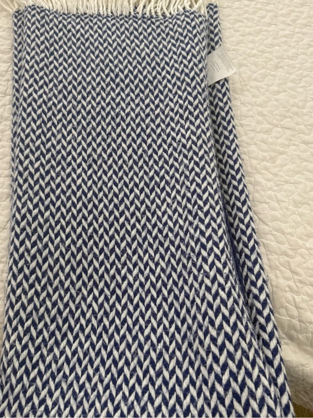 West Elm Navy Blue Chevron Throw Blanket Herringbone Fringe Modern Cottage decor